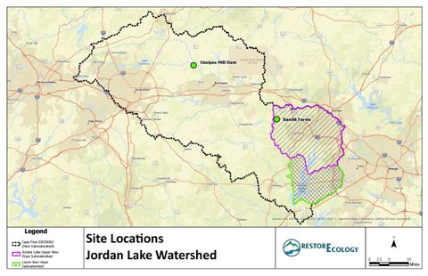 Map of RestorEcology site locations in the Jordan Lake watershed showing Ossipee Mill Dam in the Haw River sub-watershed and Bandit Farms in the Upper New Hope sub-watershed