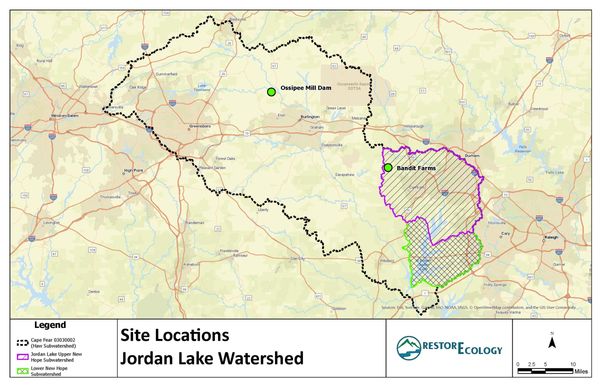 Map of RestorEcology site locations in the Jordan Lake watershed showing Ossipee Mill Dam in the Haw River sub-watershed and Bandit Farms in the Upper New Hope sub-watershed