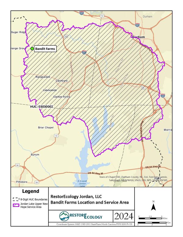 Map of the Jordan Lake Upper New Hope service area west of Durham and Chapel Hill, showing the Bandit Farms location in Orange County
